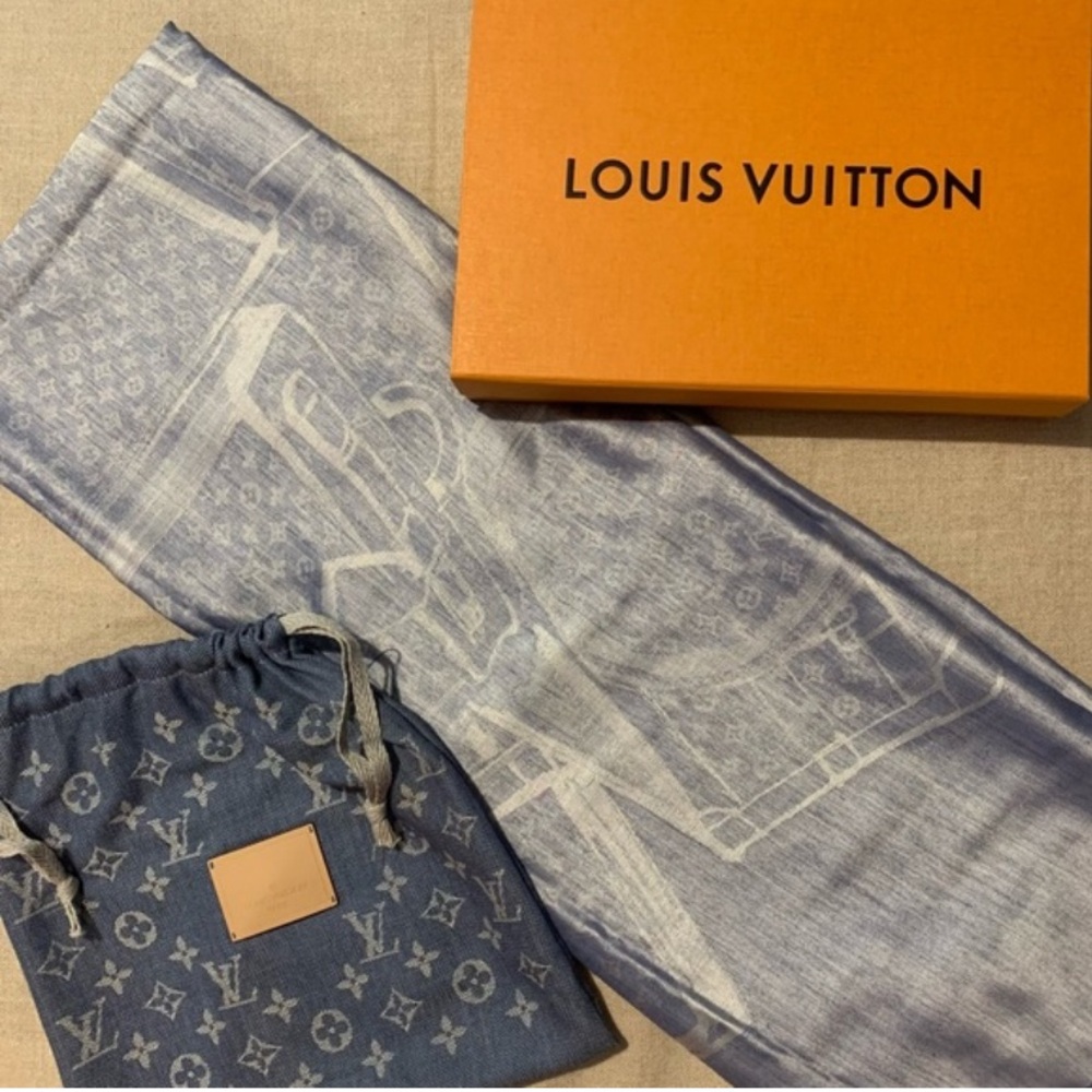 LOUIS VUITTON Limited, Monogram Trunk, Denim Blue Silk Shawl, Scarf, Stole, NWT